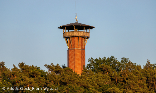 Blick auf den Aussichtsturm von Krakow am See auf dem Jörnberg im Kurzwald